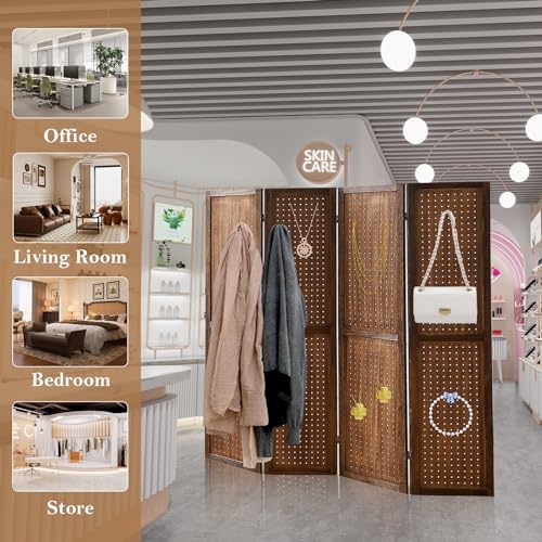 Wooden Pegboard Room Divider with Folding Privacy Screen, 5.6Ft, Light Brown D937870