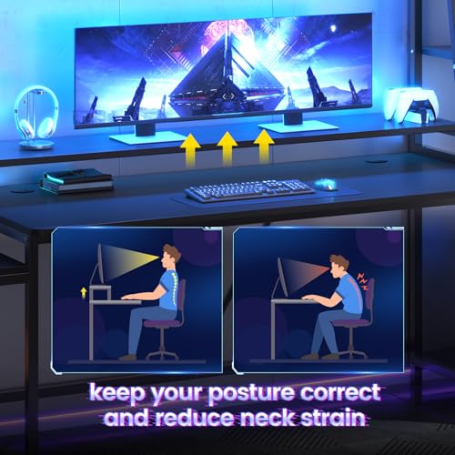 Gaming Desk with LED Lights, Hutch and Storage Shelves, Black O742
