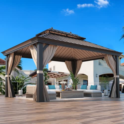 12x16 ft Hardtop Gazebo with Double Roof, Curtains and Netting T94173