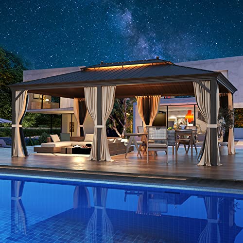 12x16 ft Hardtop Gazebo with Double Roof, Curtains and Netting T94173