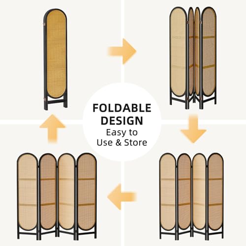 Foldable Wooden Room Divider, Hand-Woven Rattan Privacy Screen Q240970