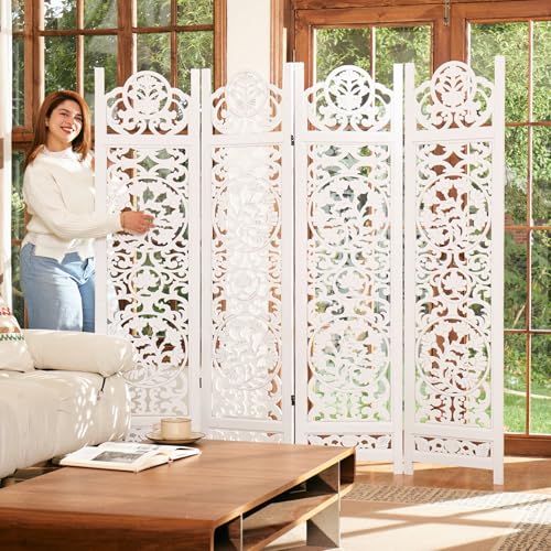 Wood Carved Room Divider 4 Panel Folding Partition Screen X503933