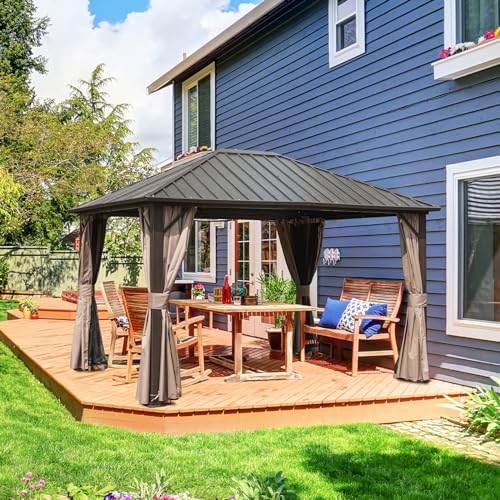 10 x 10 ft Hardtop Gazebo with Netting and Curtains, Galvanized Steel Roof for Patio K80436