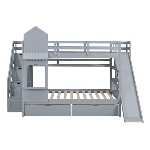 Twin Over Twin Bunk Bed with Stairs and Slide, Solid Wood Frame with Storage B8483