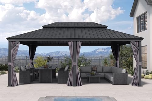 10' x 14' Permanent Hardtop Gazebo with Galvanized Steel Double Roof, Curtains and Netting Included M871