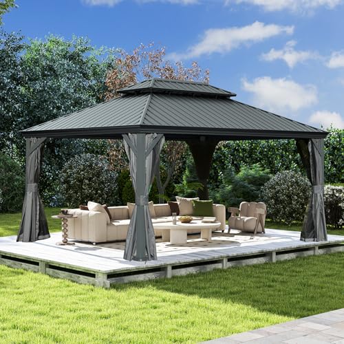 10 x 10 ft Hardtop Gazebo with Netting and Curtains, Galvanized Steel Roof for Patio K80436