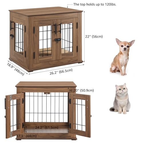 Wooden Dog Crate End Table with Double Doors and Pet Bed E595686