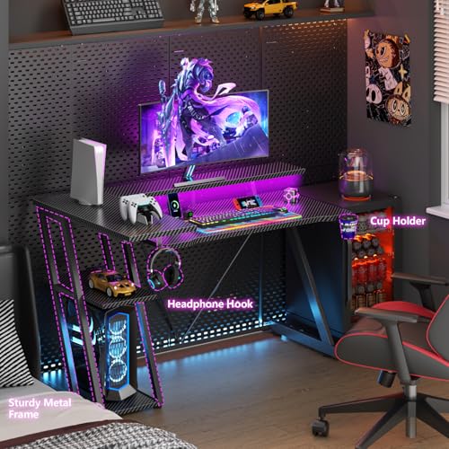 L Shaped Gaming Desk with Power Outlet and LED Lights Y52619