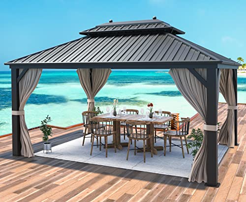 10x13 Hardtop Gazebo with Polycarbonate Double Roof, Aluminum Frame, Curtains and Netting S2701