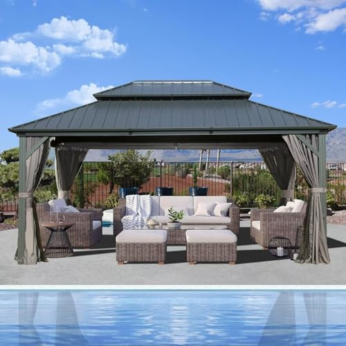 10 x 10 ft Hardtop Gazebo with Netting and Curtains, Galvanized Steel Roof for Patio K80436