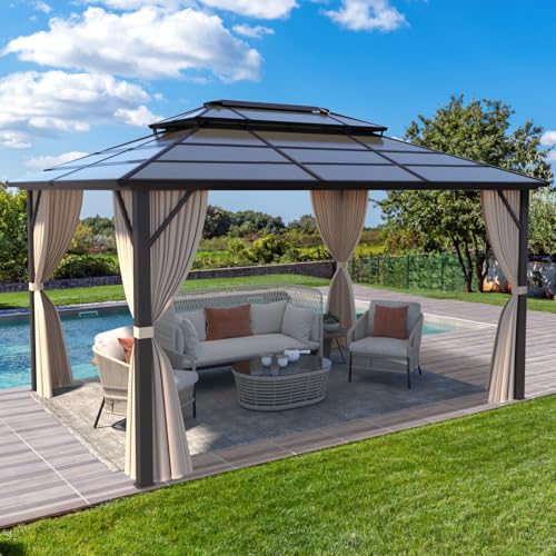 10x13 Hardtop Gazebo with Polycarbonate Double Roof, Aluminum Frame, Curtains and Netting S2701