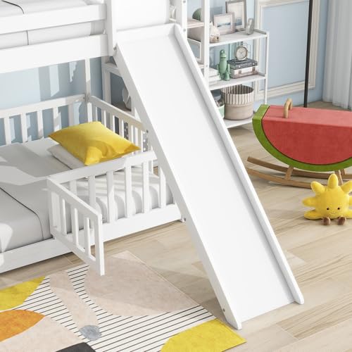 Twin Over Full Size Wooden Bunk Bed with Slide and Storage Stairs N394