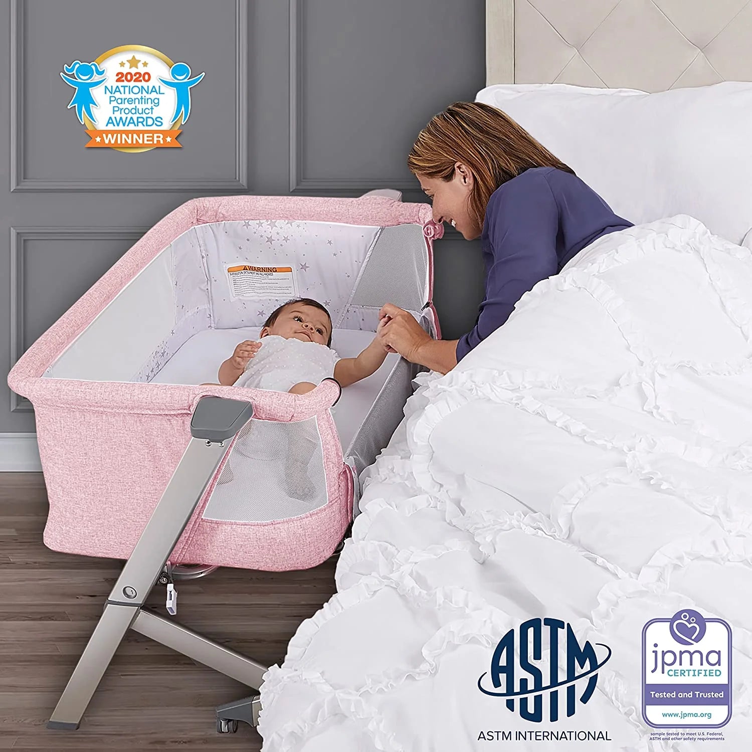 Pink Portable Baby Bassinet with Adjustable Height and Foldable Design J10330