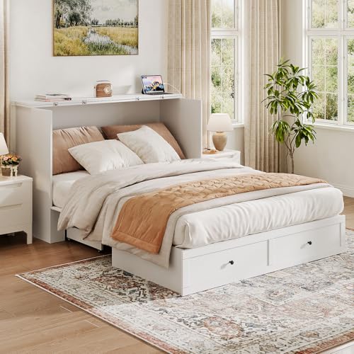 Murphy Bed with Storage & Charging Station, Foldable Panel, Distressed White C449393