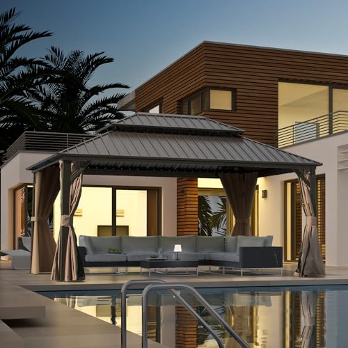 10 x 10 ft Hardtop Gazebo with Netting and Curtains, Galvanized Steel Roof for Patio K80436