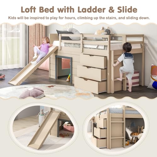 Twin Low Loft Bed with 3 Storage Drawers, Slide, Ladder & Guardrails I297242