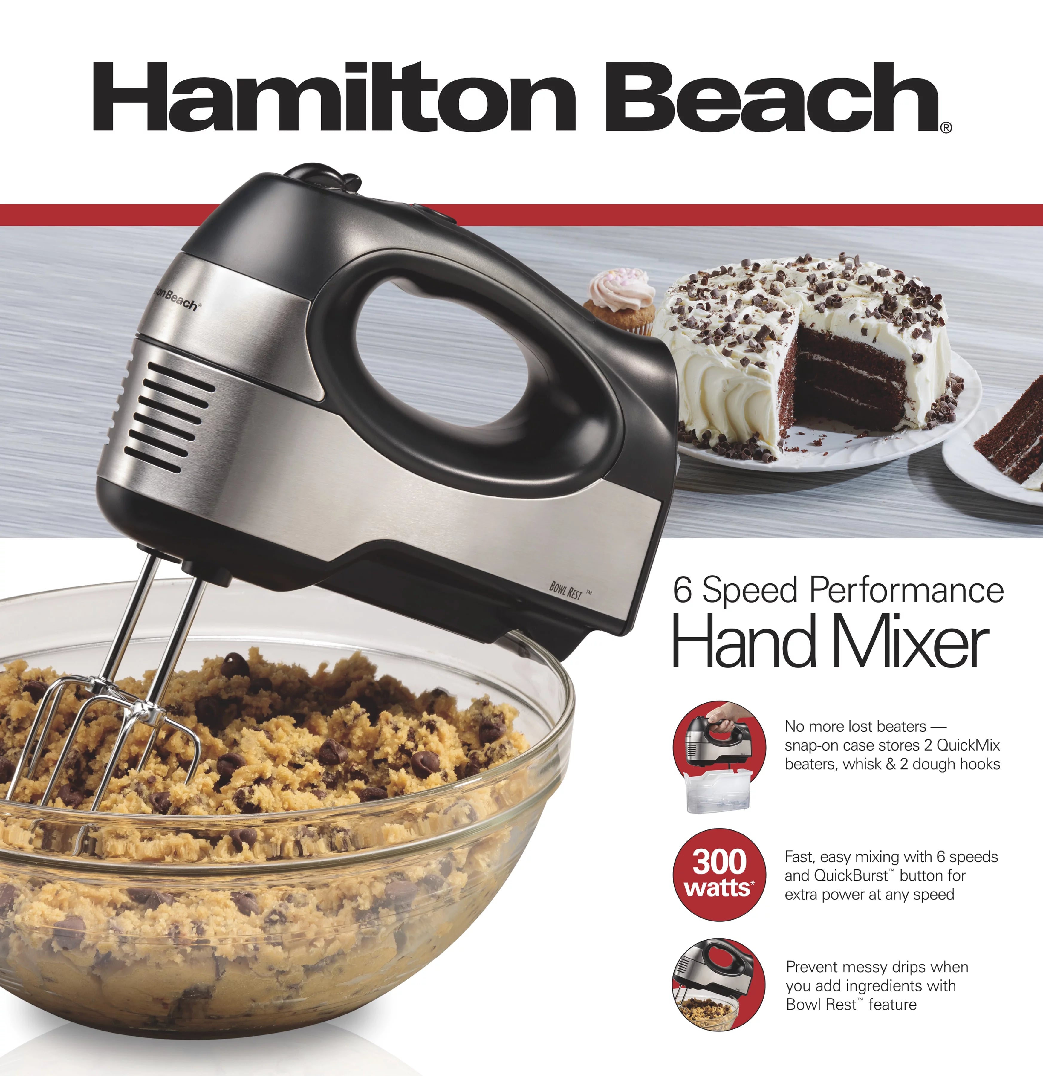 6 Speed Hand Mixer with Case and 5 Attachments, Stainless Steel F65078