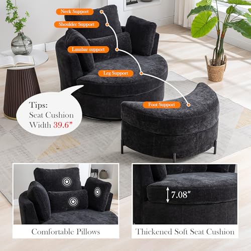Oversized Swivel Barrel Chair with Ottoman, Chenille, Beige M813
