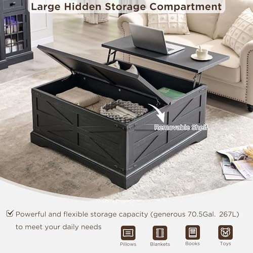 Farmhouse Lift Top Coffee Table with Storage, 36" Wood Square Center Table, Light Brown V399