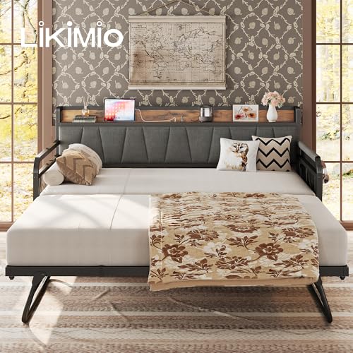 Daybed with Trundle Bed, Twin Bed Frame with Storage Headboard and Charging Station, Grey S3738