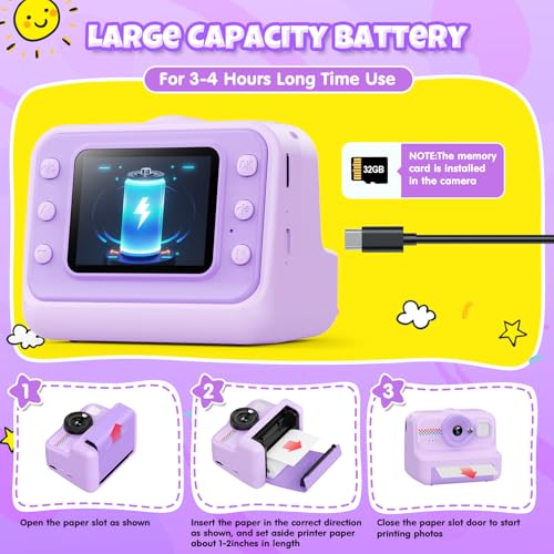 Kids Instant Print Camera 1080P HD with 3 Rolls Paper & 32GB Card U8422