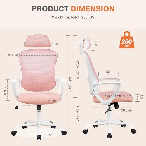 Ergonomic High-Back Mesh Rolling Desk Chair with Adjustable Headrest, Pink S9181