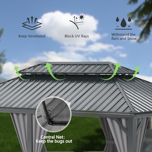 10 x 10 ft Hardtop Gazebo with Netting and Curtains, Galvanized Steel Roof for Patio K80436