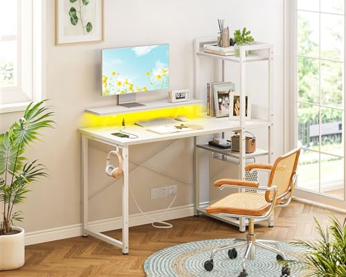 Reversible Gaming Desk with USB Charging Port and LED Lights, 40 Inch Computer Desk with Storage Shelves M571