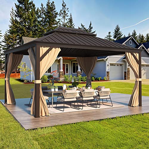 12x16 ft Hardtop Gazebo with Double Roof, Curtains and Netting T94173