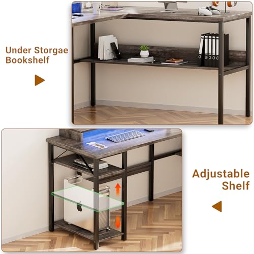 Reversible L Shaped Desk with Power Outlets and LED Light, Corner Computer Desk with Monitor Stand and Storage Shelves, Black A318171
