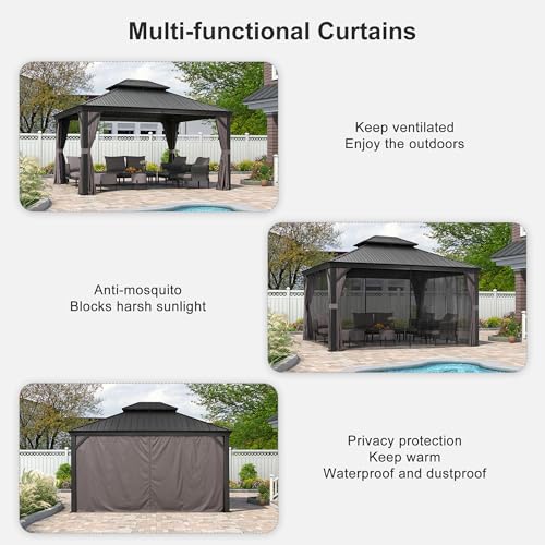 10' x 14' Permanent Hardtop Gazebo with Galvanized Steel Double Roof, Curtains and Netting Included M871
