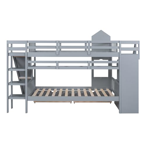 Twin Over Twin Bunk Bed with Stairs and Slide, Solid Wood Frame with Storage B8483