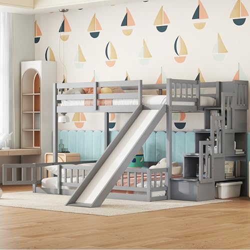 Twin Over Full Size Wooden Bunk Bed with Slide and Storage Stairs N394