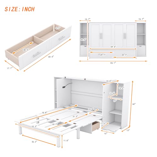 Murphy Bed Chest with Shelves and USB Ports, Foldable Wood Frame Y56482