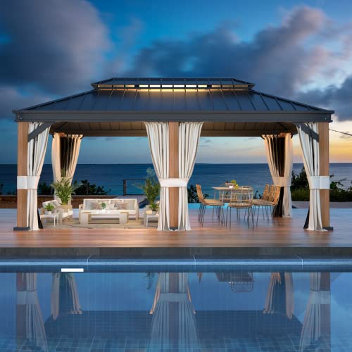 12x20 ft Hardtop Gazebo Double Roof Galvanized Steel Canopy Outdoor Aluminum Frame with Netting and Curtains X191579