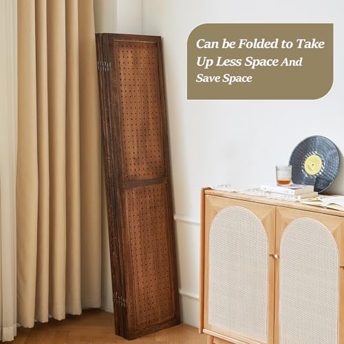 Wooden Pegboard Room Divider with Folding Privacy Screen, 5.6Ft, Light Brown D937870