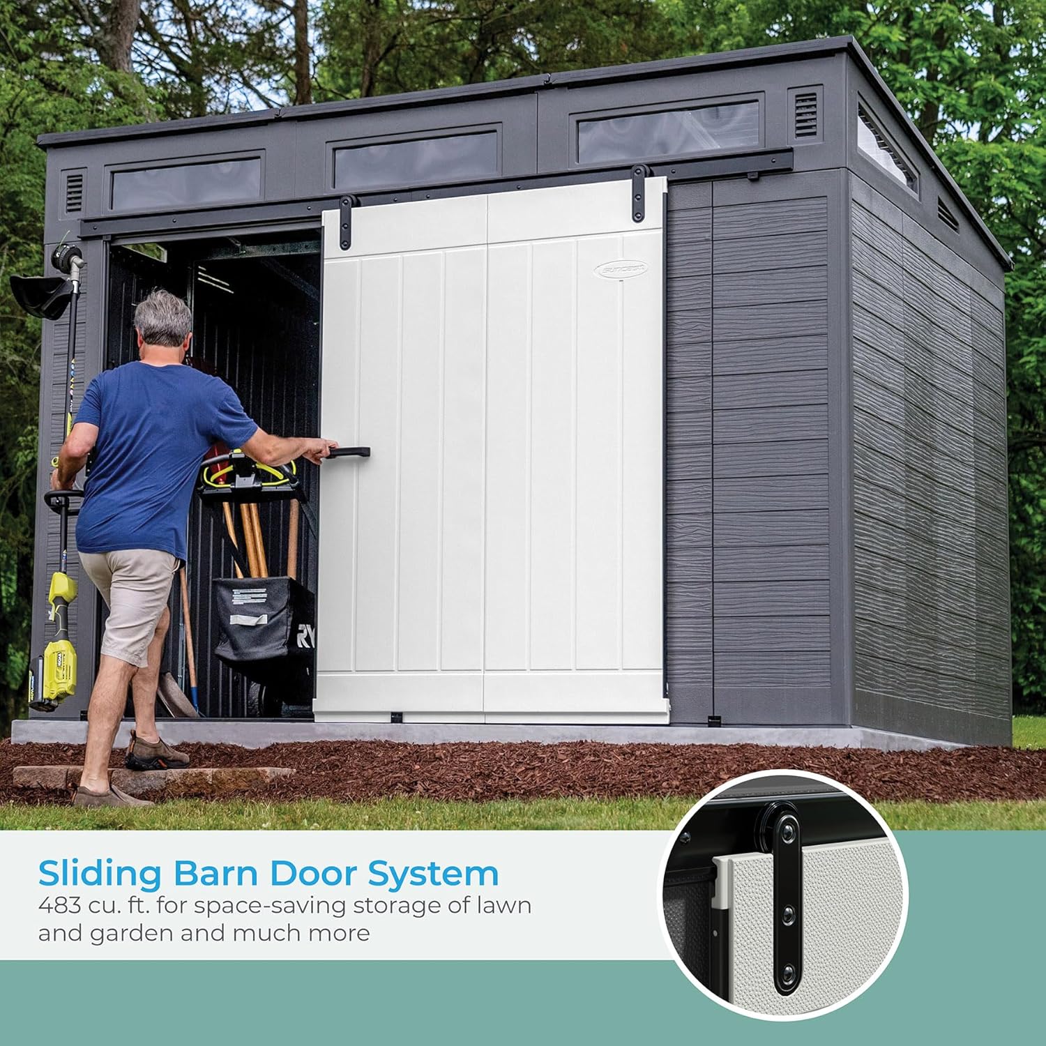 Outdoor Plastic Storage Shed 10x7 ft with Sliding Barn Door, Gray and Black E310
