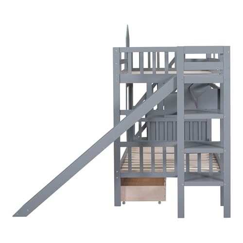 Twin Over Twin Bunk Bed with Stairs and Slide, Solid Wood Frame with Storage B8483