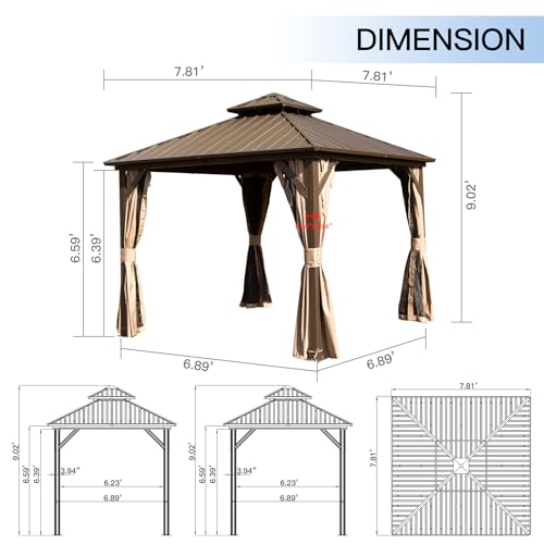 10 x 10 ft Hardtop Gazebo with Netting and Curtains, Galvanized Steel Roof for Patio K80436