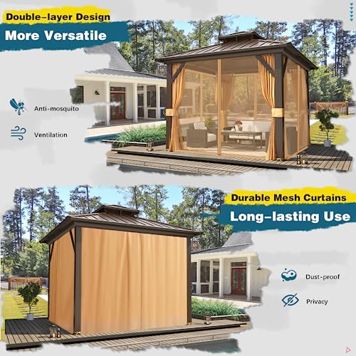 10x13 Hardtop Gazebo with Polycarbonate Double Roof, Aluminum Frame, Curtains and Netting S2701