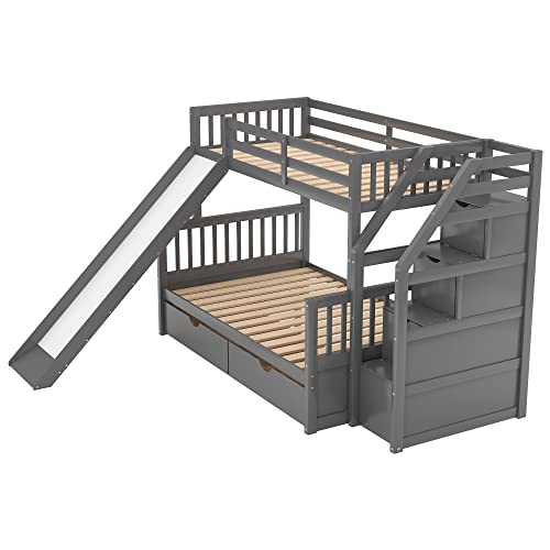Twin Over Full Bunk Bed with Slide and Stairs for Kids I642
