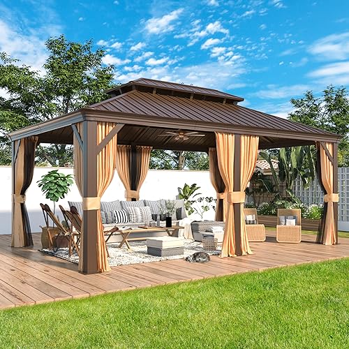 12x16 ft Hardtop Gazebo with Double Roof, Curtains and Netting T94173