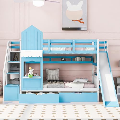 Kids Bunk Bed with Stairs and Slide, Twin Over Twin, Gray O540