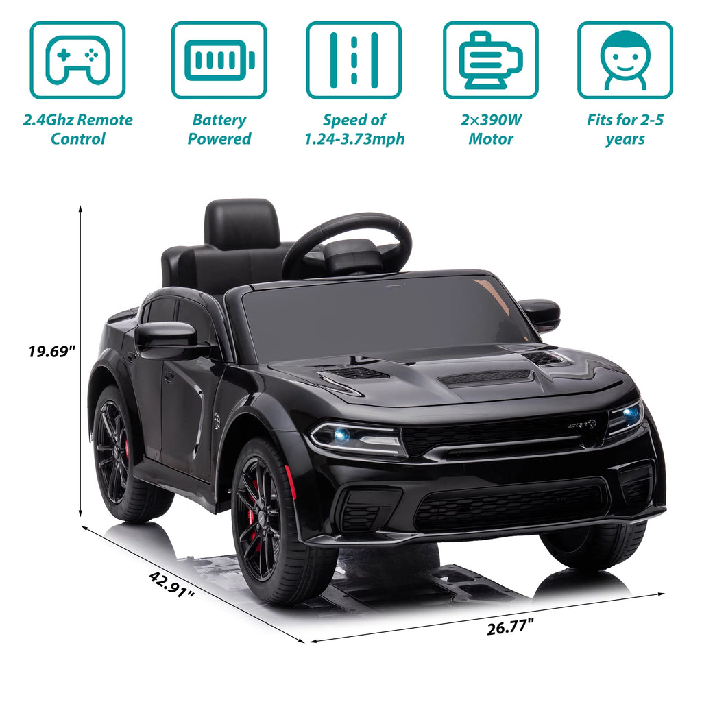 12V Black Dodge Charger Ride On Car with Remote Control, Kids Electric Toy with Bluetooth and LED Light N9460