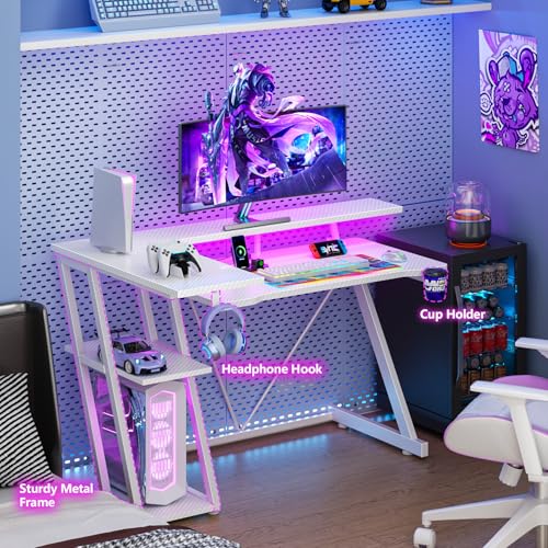 L Shaped Gaming Desk with Power Outlet and LED Lights Y52619