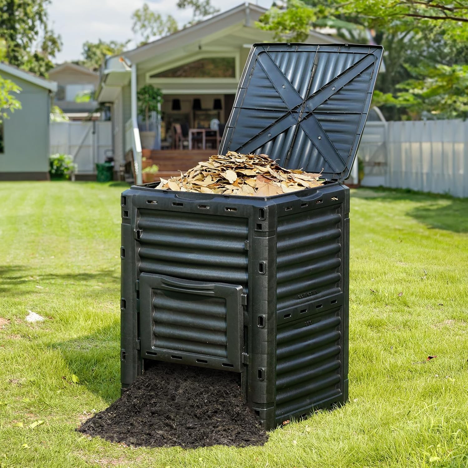 Garden Compost Bin 80 Gallon, BPA Free Composter, Outdoor Composting Bin with Top Lid and Bottom Door A75916