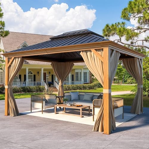 12x16 ft Hardtop Gazebo with Double Roof, Curtains and Netting T94173