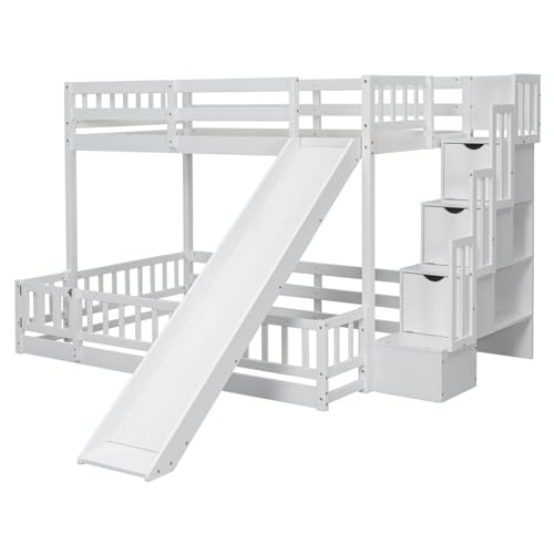 Twin Over Full Size Wooden Bunk Bed with Slide and Storage Stairs N394