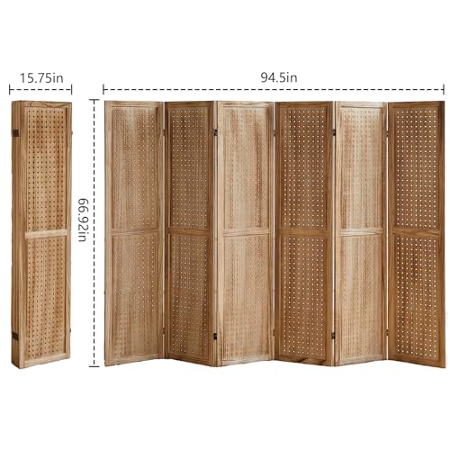 Wooden Pegboard Room Divider with Folding Privacy Screen, 5.6Ft, Light Brown D937870