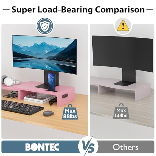 Dual Monitor Stand Riser with Smartphone Holder, Adjustable Wooden Desk Organizer B984